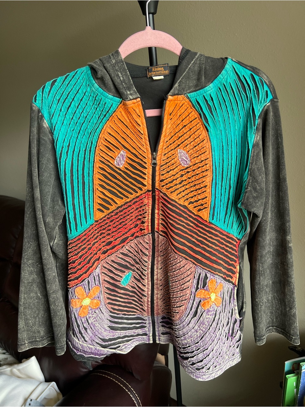Rising International Women's Teal, Orange & Black Textured Zip Hoodie